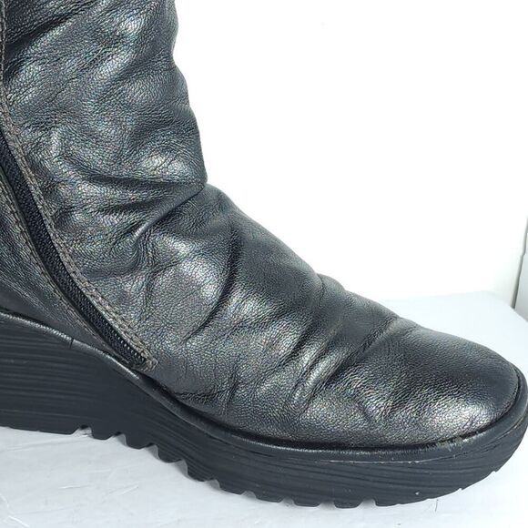 Fly London Womens Yust US9,5 EU40 Metallic Gray Leather Zip Wedge Riding Boots - Picture 13 of 16